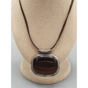 Chico's Faux Smokey Quartz Opaque Glass Pendant Leather Cord 20" Necklace